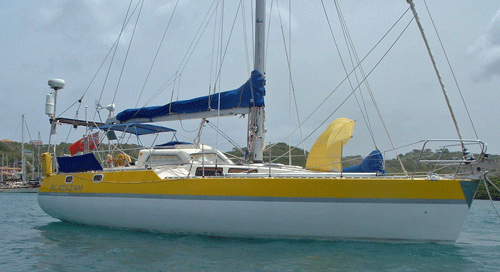 Our self-build wood-epoxy cutter "Alacazam" at anchor in Prickly Bay, Grenada, West Indies, having successfully completed her first trans-Atlantic passage.