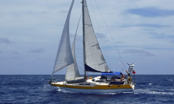 Alacazam, a cutter, under sail.