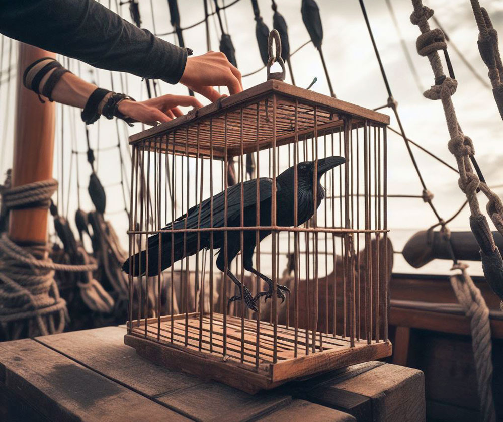 Crow being released from cage on old sailing ship