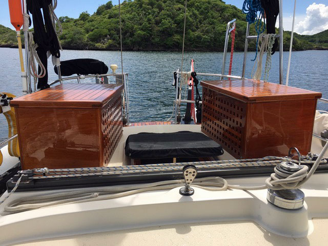 Custom built storage boxes on this Morgan 41 Classic sailboat