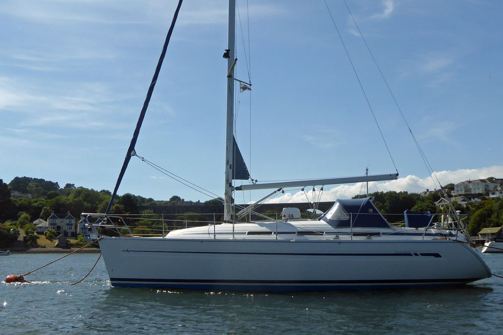 A Bavaria 32 sailboat moored in the River Tamar in southwest England