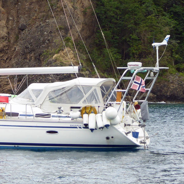 A bimini with side panels on a Bavaria sailboat