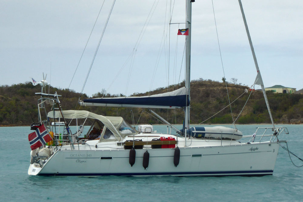 A Beneteau 343 sailboat, also known as the Oceanis Clipper 343.