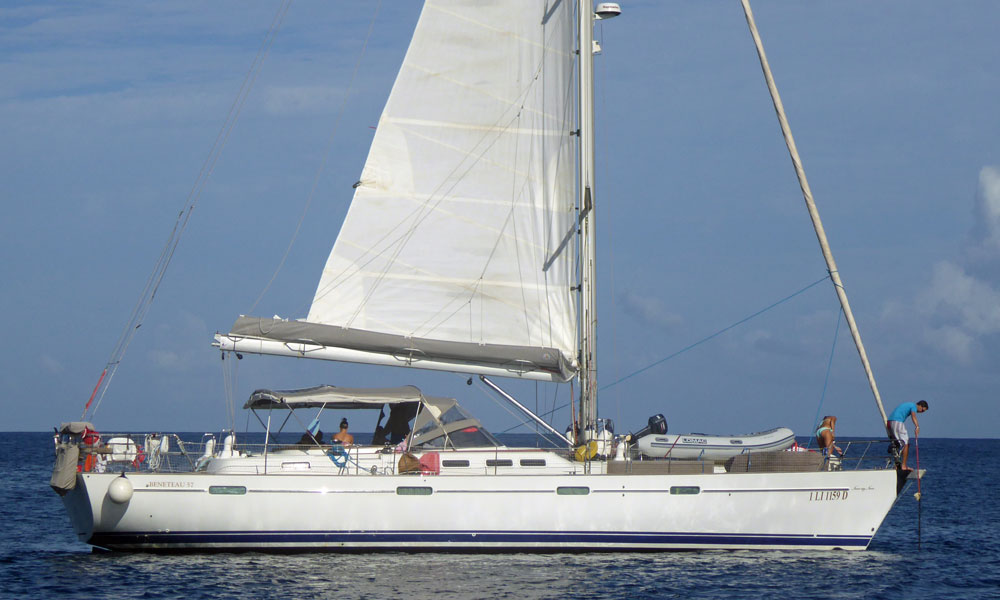 The crew of <i>'Never Say Never'</i>, a Beneteau 57 sailboat, drop the hook off Deshaies, Guadeloupe