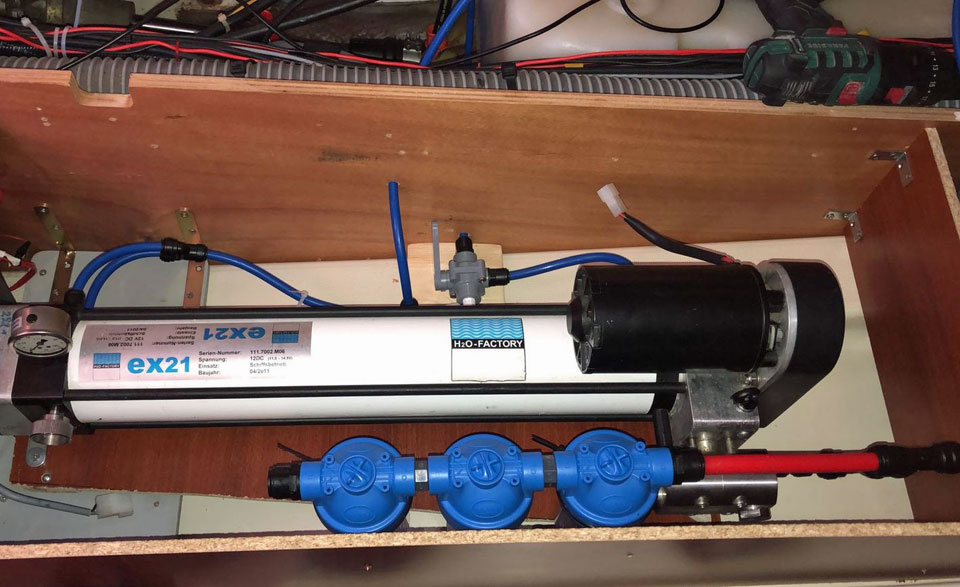 A marine watermaker installed on a sailboat