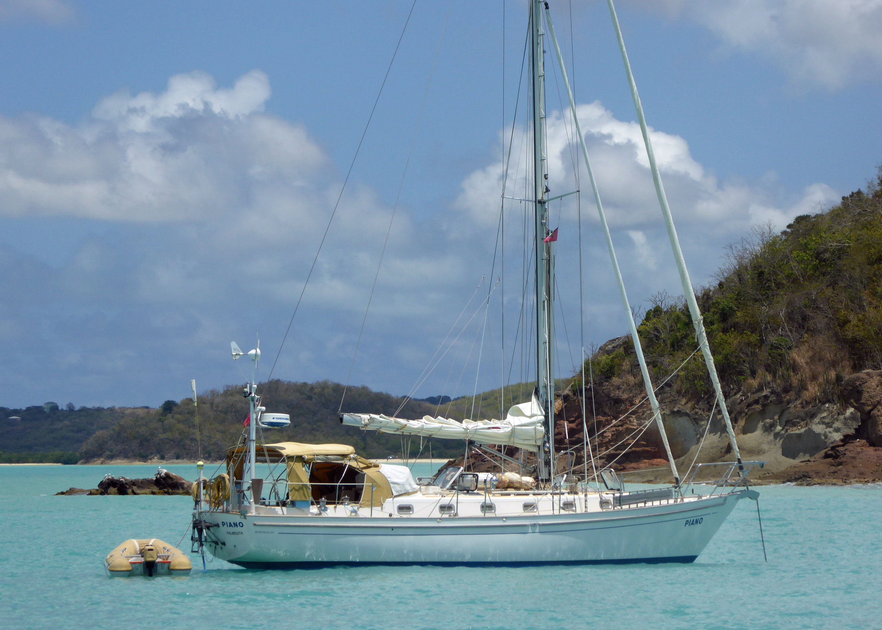 A cutter rigged sailboat