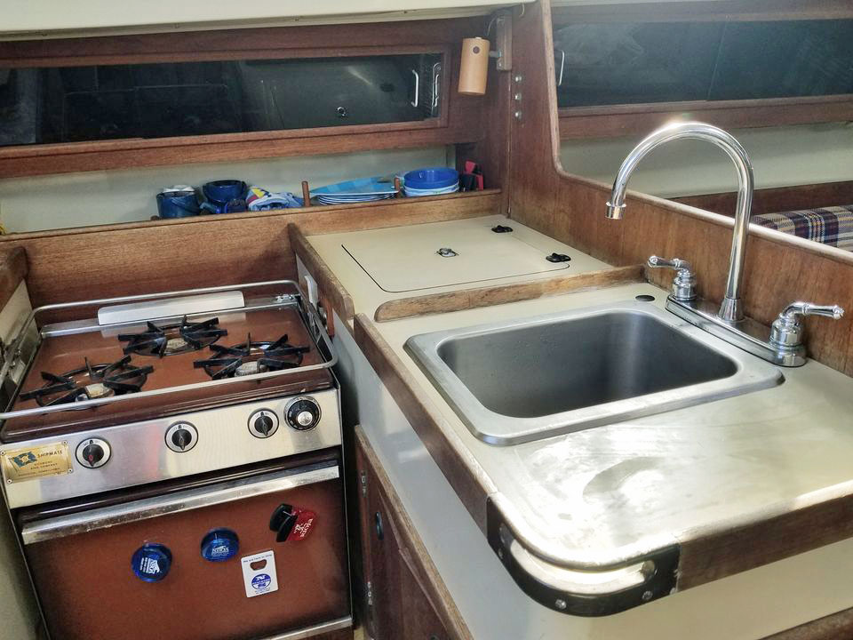 The galley on a C&C 36 sailboat