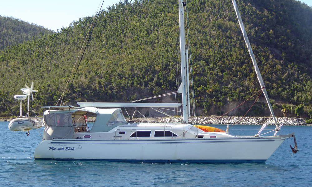 A Catalina Morgan 440 sailboat about to drop anchor