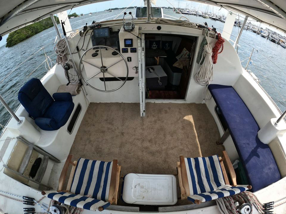 The cockpit area of a Catana 40 catamaran