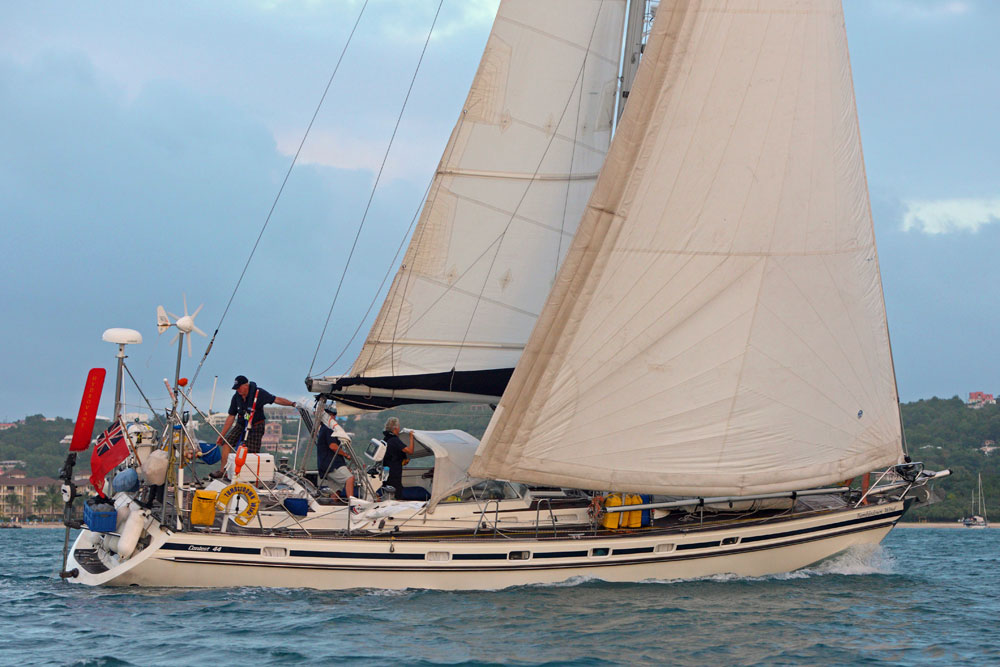 'Tumbledown Wind', a Contest 44 Classic sailboat under full sail