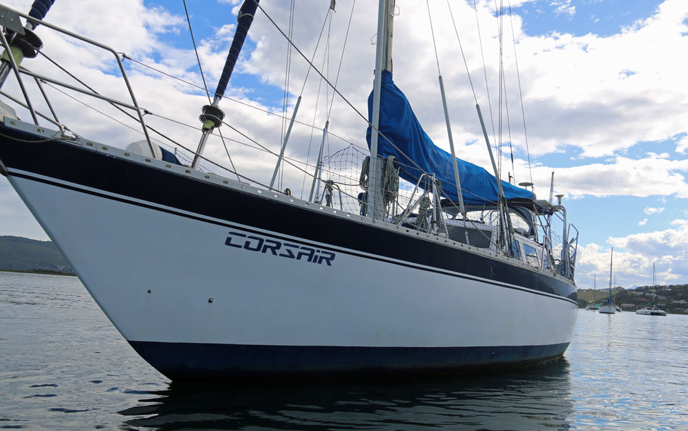 Port bow of a Roberts 45 sailboat