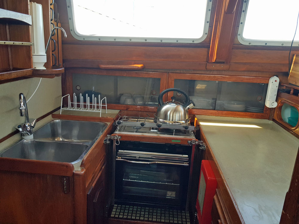 Galley on a Roberts 45 sailboat