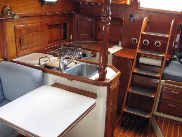 The galley in a Crealock 37 sailboat