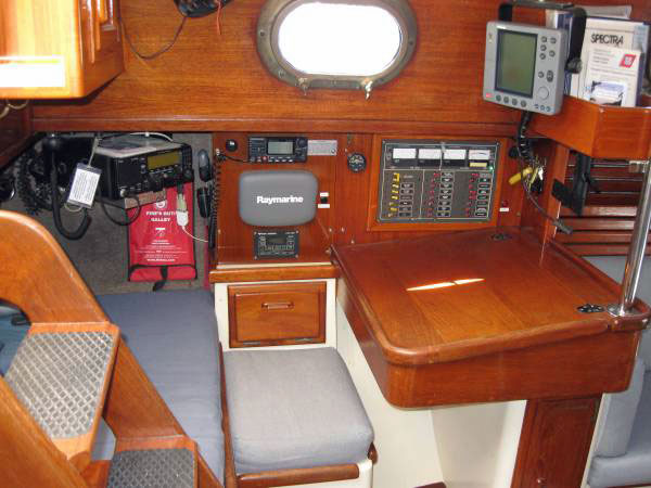 Navigation station in a Crealock 37 sailboat