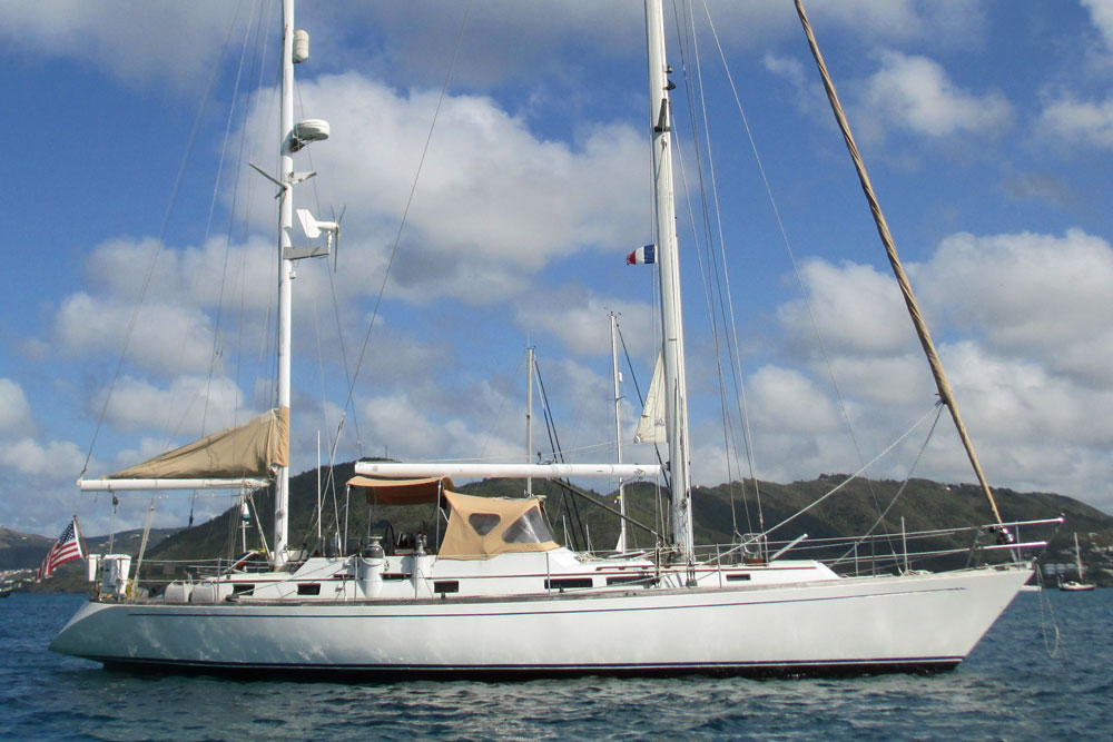 The Dawn 48 'Crusader' cruising yacht at anchor in St Anne, Martinique, West Indies