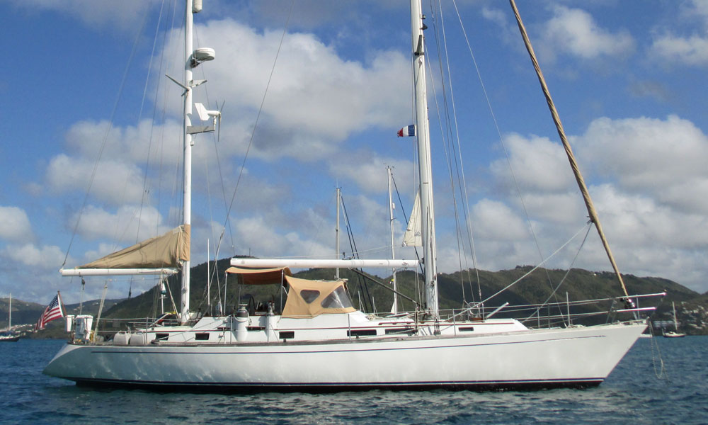 The Dawn 48 'Crusader' cruising yacht at anchor in St Anne, Martinique, West Indies