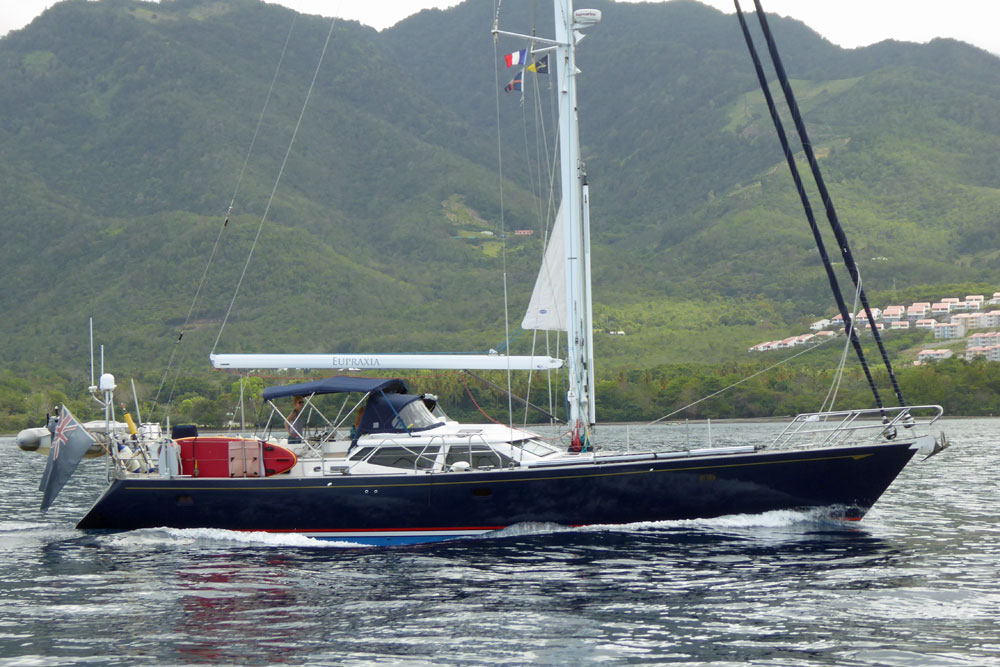 'Eupraxia', a Discovery 55 motors north off the coast of Guadeloupe, West Indies