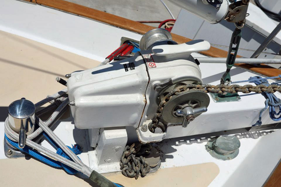 An electric anchor windlass on a Downeaster 38 sailboat