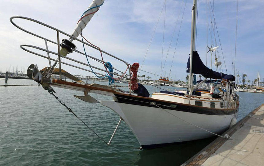 An impressive bowsprit on this classic Downeaster 38 sailboat