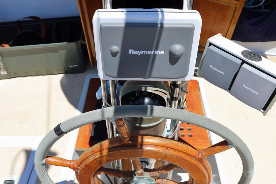Helm-mounted instruments on a Downeaster 38 sailboat