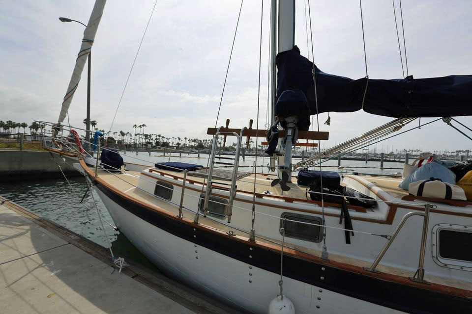 The forward end of a Downeaster 38 sailboat