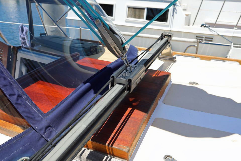 The mainsheet traveller on a Downeaster 38 sailboat