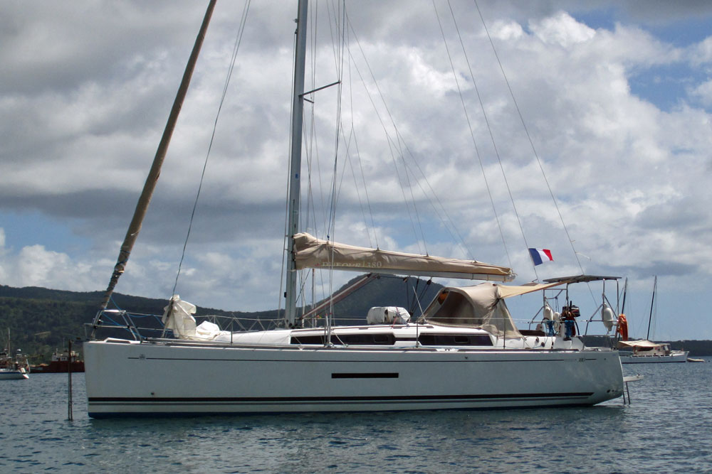 A Dufour 380 sailboat anchored in Prince Rupert Bay, Dominica, an island in the West Indies