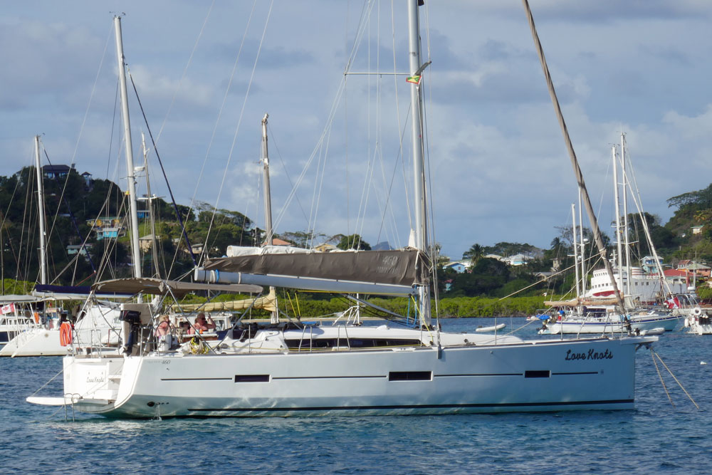 A Dufour 460 Grand Large sailboat at anchor