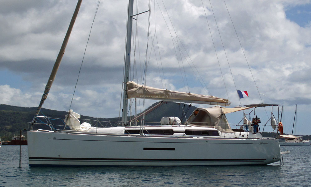 A Dufour 380 sailboat anchored in Prince Rupert Bay, Dominica in the West Indies.