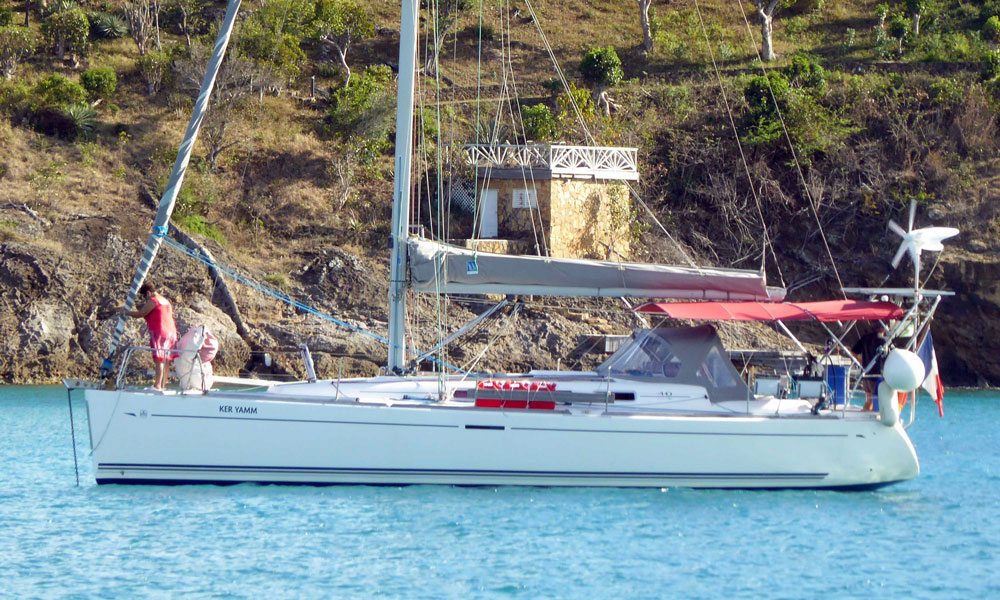 The Dufour 40e cruising yacht 'Ker Yamm' at anchor in Deep Bay, Antigua