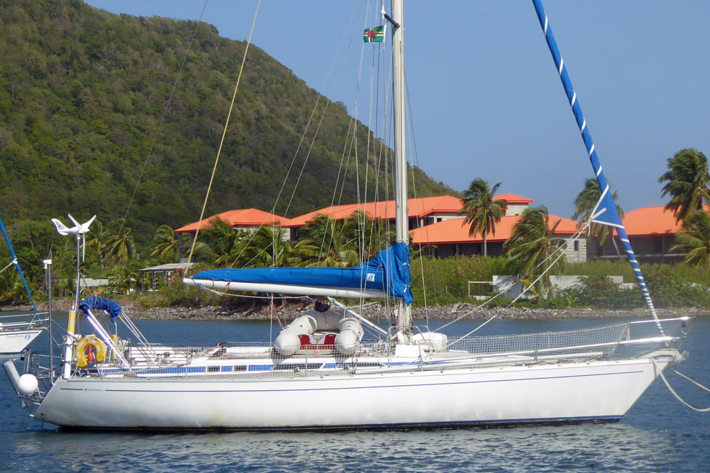 A Grand Soleil 39 sailboat on a mooring Ball in Portsmouth, Dominica, West Indies