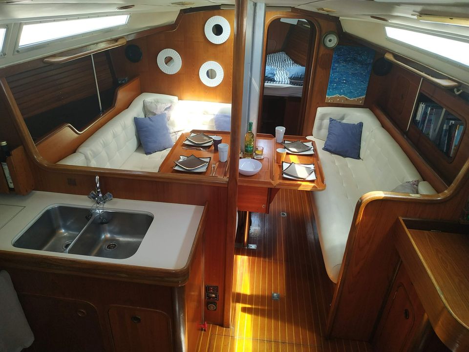 Main cabin on a Beneteau First 435 sailboat