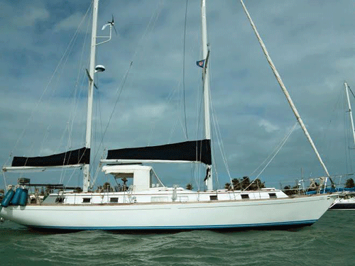 A Gulfstar 50 ketch rigged motorsailer at anchor
