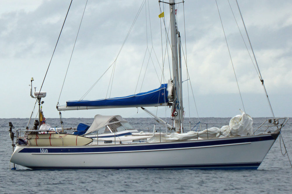 A Hallberg-Rassy 37 sailboat at anchor