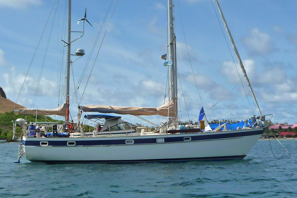 A Hallberg-Rassy 49 sailboat at anchor in Rodney Bay, St Lucia, West Indies