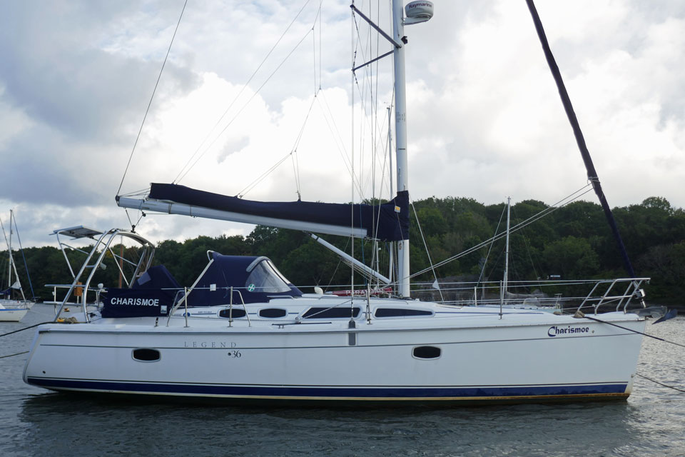 A Hunter 36 Legend sailboat on a fore-and aft mooring