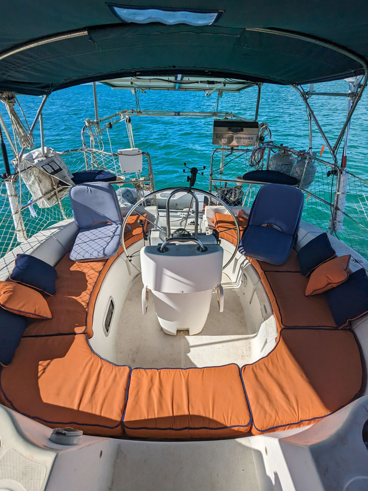 Hunter 376 sailboat, 'Just Friends', cockpit looking aft