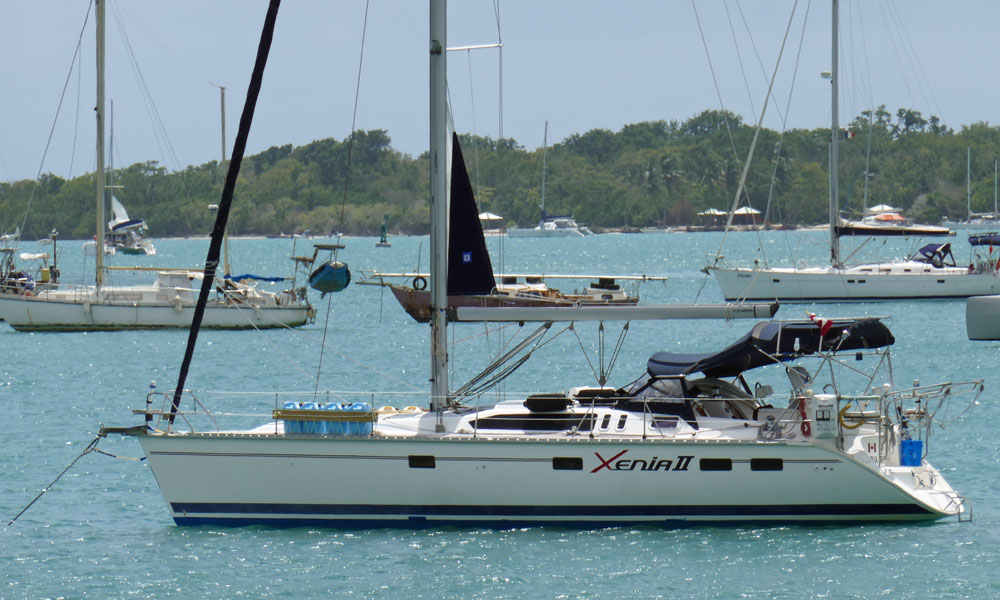 A Hunter 40.5 sailboat anchored off Pointe-a-Pitre, Guadeloupe
