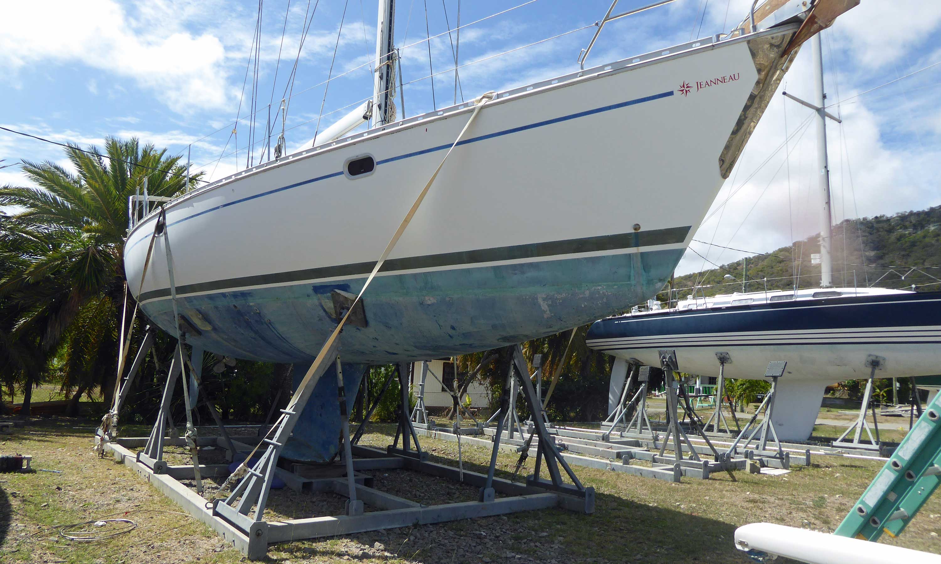 A boat stored in a cradle with tie downs for the Caribbean hurricane season