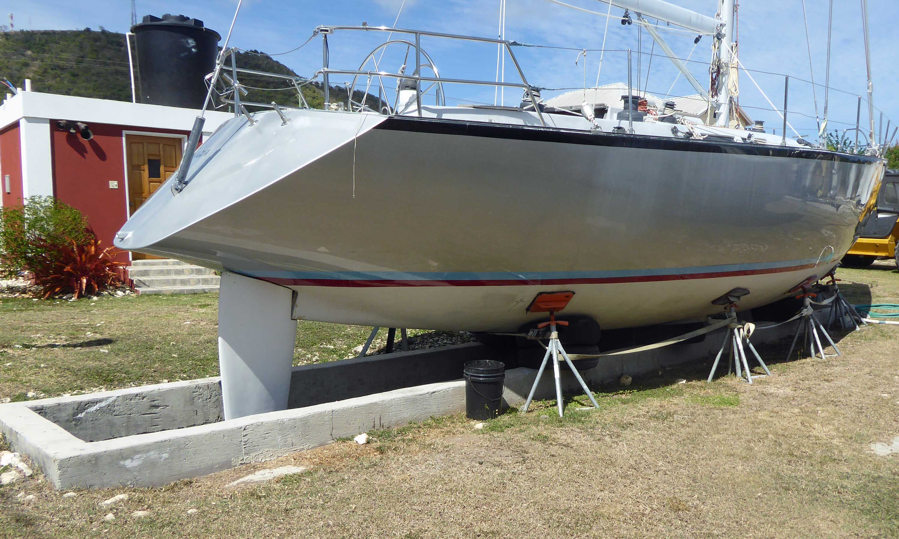 A sailboat stored in a pit in readiness for the Caribbean hurricane season