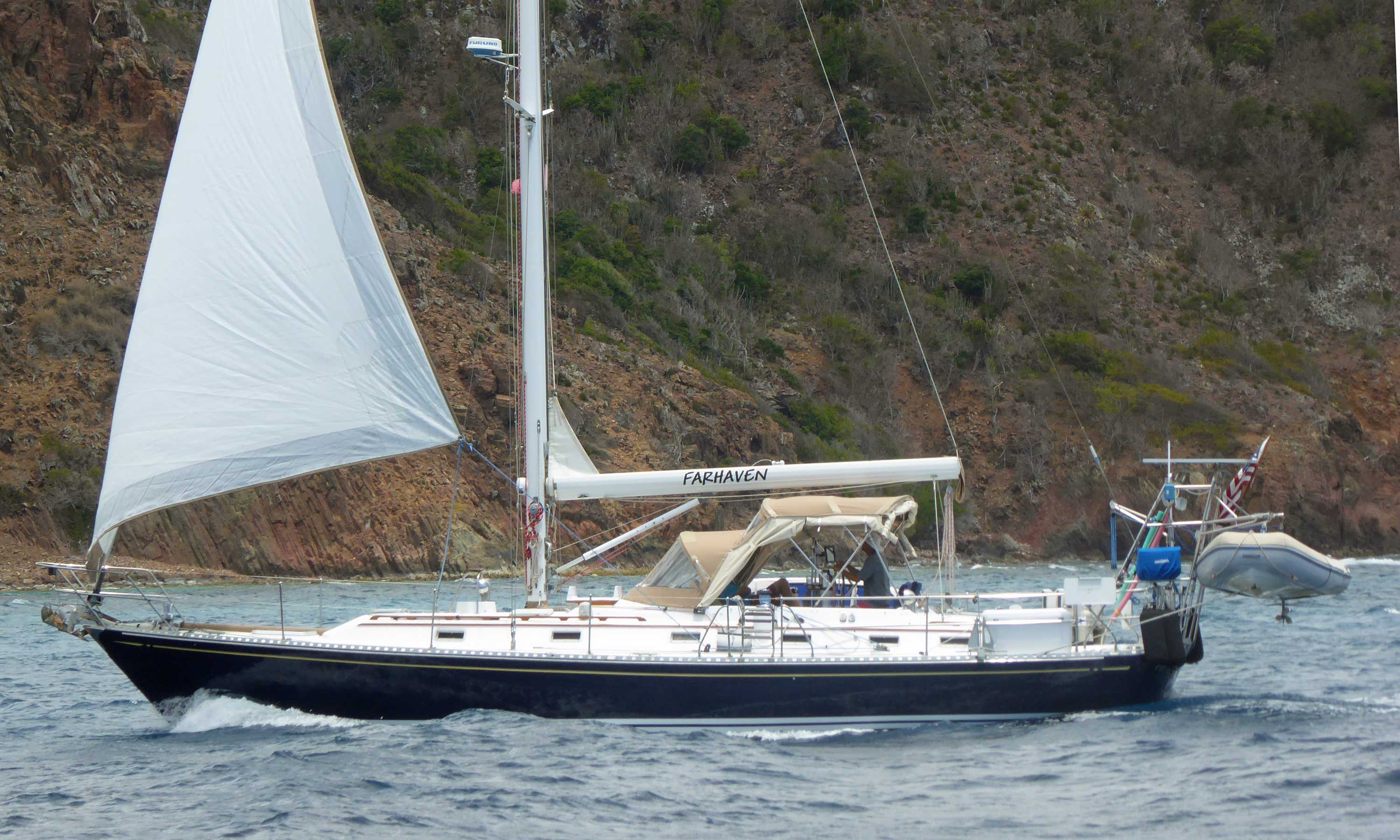 A Hylas 44 'Farhaven' sailing under headsail only