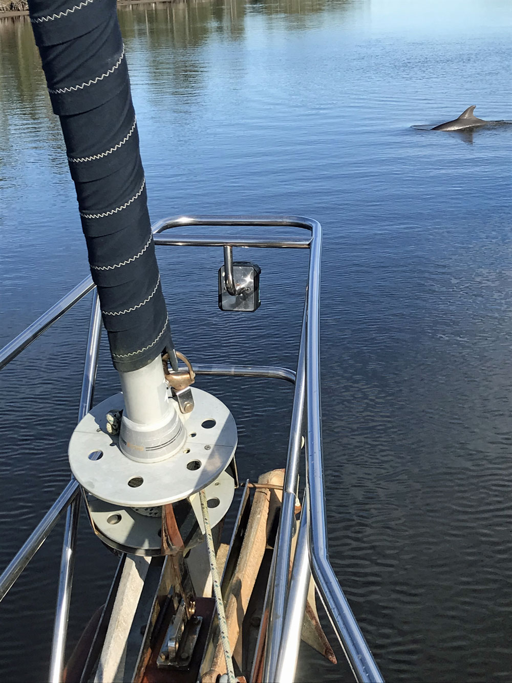 The bowsprit-mounted headsail on an Island Packet 40 sailboat