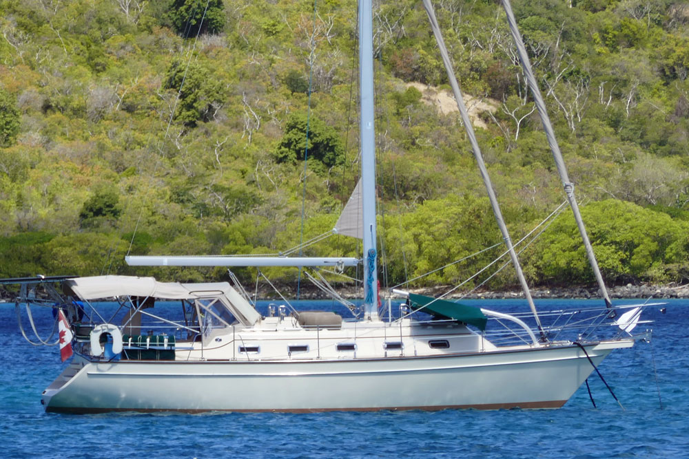 An Island Packet 350 sailboat at anchor