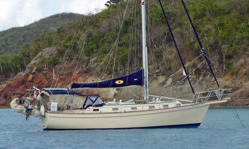'Blue Pearl', an Island Packet 38 at anchor in Five Islands Bay, Antigua, West Indies