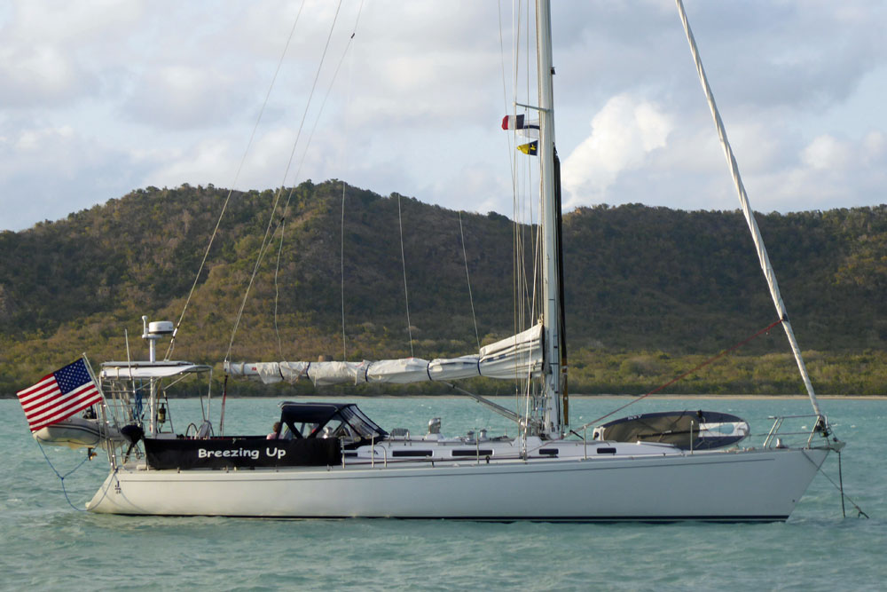 'Breezing Up', a J46 light displacement sailboat at anchor in Five Islands Bay, Antigua, West Indies