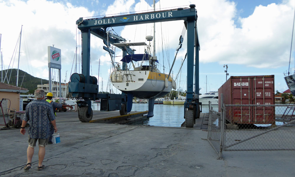 Alacazam in travel lift, Jolly Harbour