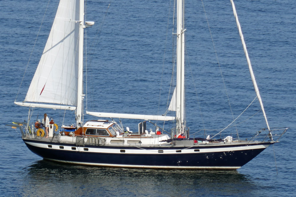 This Jongert 21S sailboat has set her mizzen as a riding sail at anchor