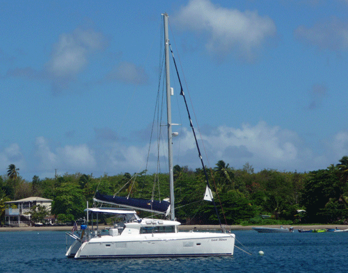 A Lagoon 420 cruising catamaran lying at anchor