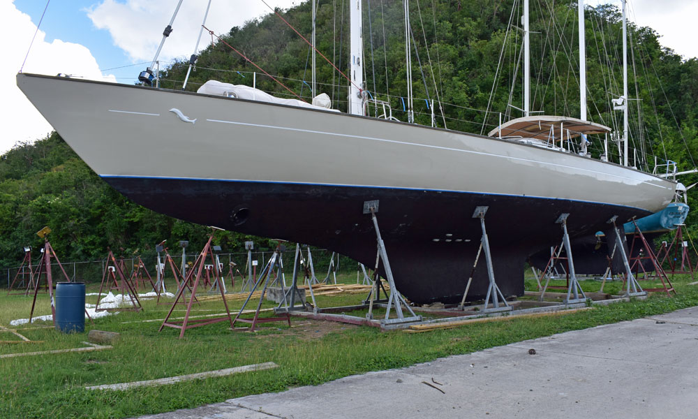 A 71 foot yacht stored in a boat cradle