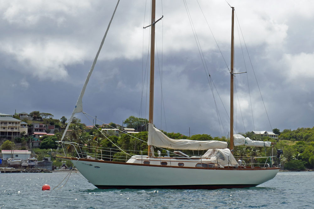 A Luders 36 ketch at anchor in Tyrell Bay, Carriacou in the Caribbean